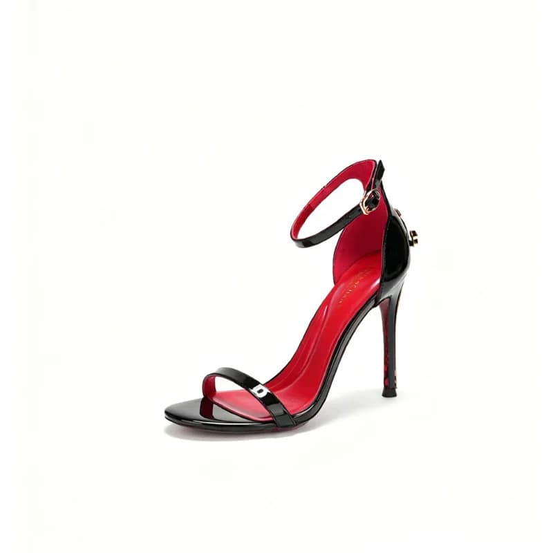 Summer New Round Headed Lacquered Leather Strap Sexy Open toed Red Bottom Sandals Banquet Dress Thin Heels Women's Shoes