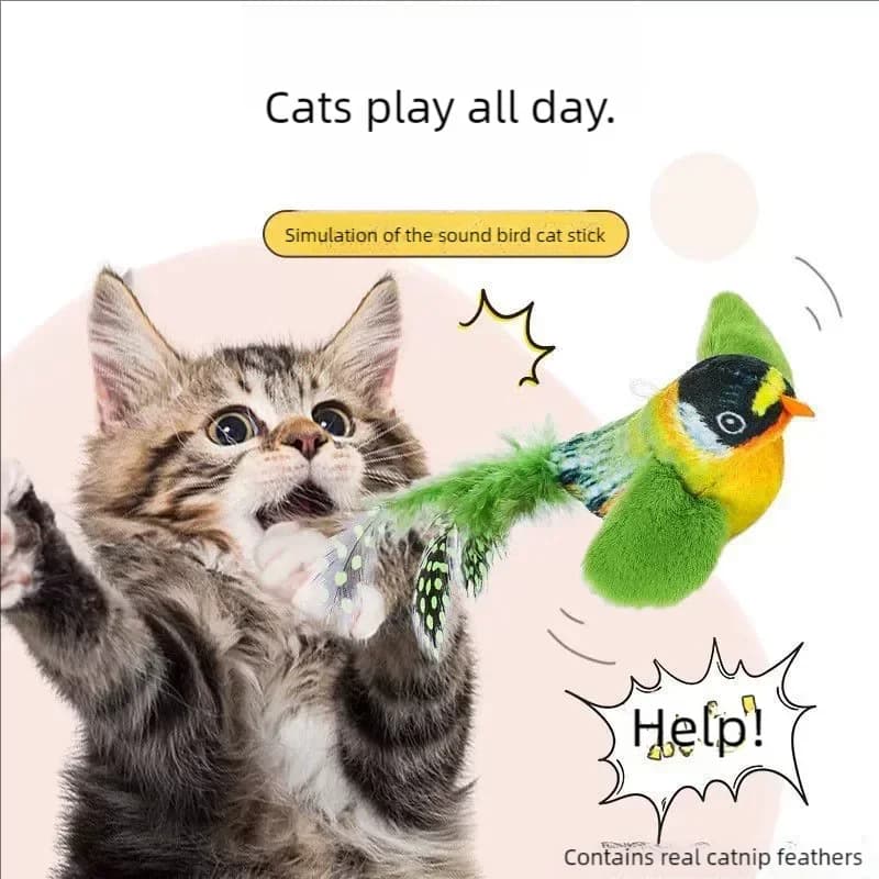 Giocattolo per Gatti a Forma di Uccello Cinguettante con Suono e Erba Gatta, Bastoncino Interattivo per Gatti, Gioco Interattivo per Animali Domestici