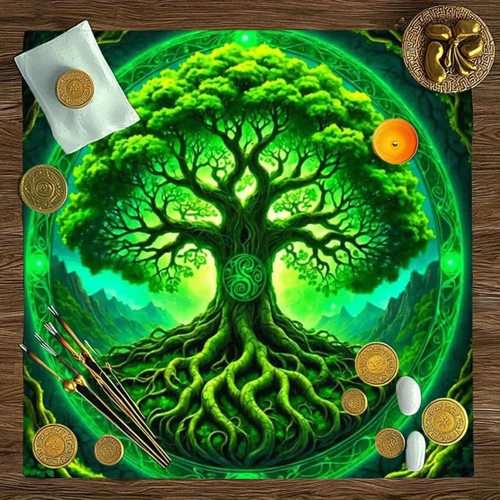 Tovaglia per Tarocchi in Varie Misure, con Albero della Vita in Lamina d'Oro, Tappeto Altare Luminoso Mistico in Poliestere, per Divinazione, Profezia, Gioco di Carte, Feste