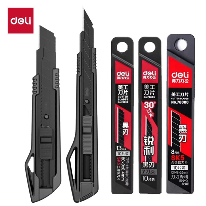 Taglierino Professionale Deli con Lame Affilate in Acciaio al Carbonio SK5 Nere da 9mm/18mm/Autoretrattile per Cartone e Scatole