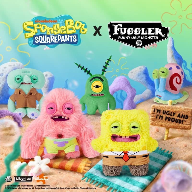 Original Fuggler SpongeBob Patrick Keychain Bag Backpack Decor Soft Bamboo Plush Doll Toothbrush Printed Fun Toy