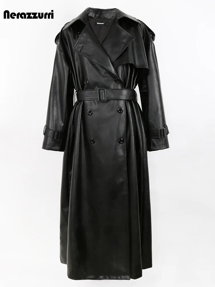 Nerazzurri Spring Autumn Long Oversized Black Pu Leather Trench Coat for Women Belt Double Breasted Loose Casual Korean Fashion