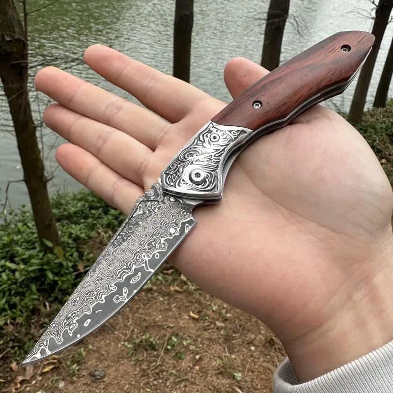 Coltello pieghevole in acciaio di Damasco Dalbergia Manico colorato Coltello tascabile da campeggio tattico multifunzionale per difesa esterna