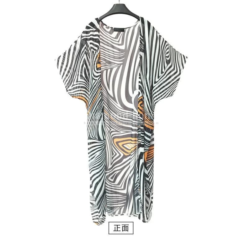 Fashion tie-dye print long beach-style robe with open front. Large size women's swimming suit robe.