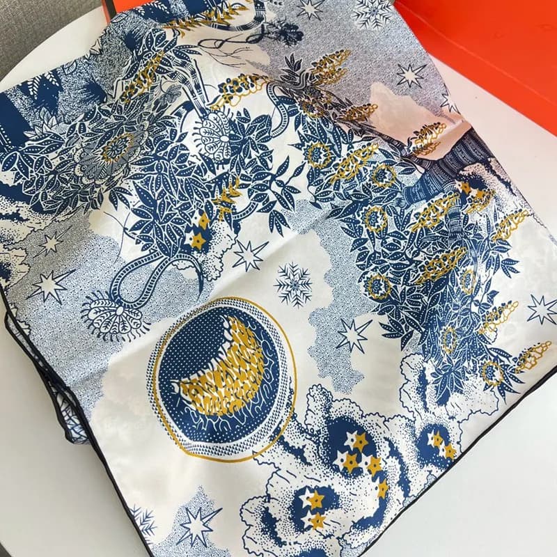 Blue Printed 100% Silk Scarf Neckerchief Large Square Silk Shawl Cape for Women 35"x35"
