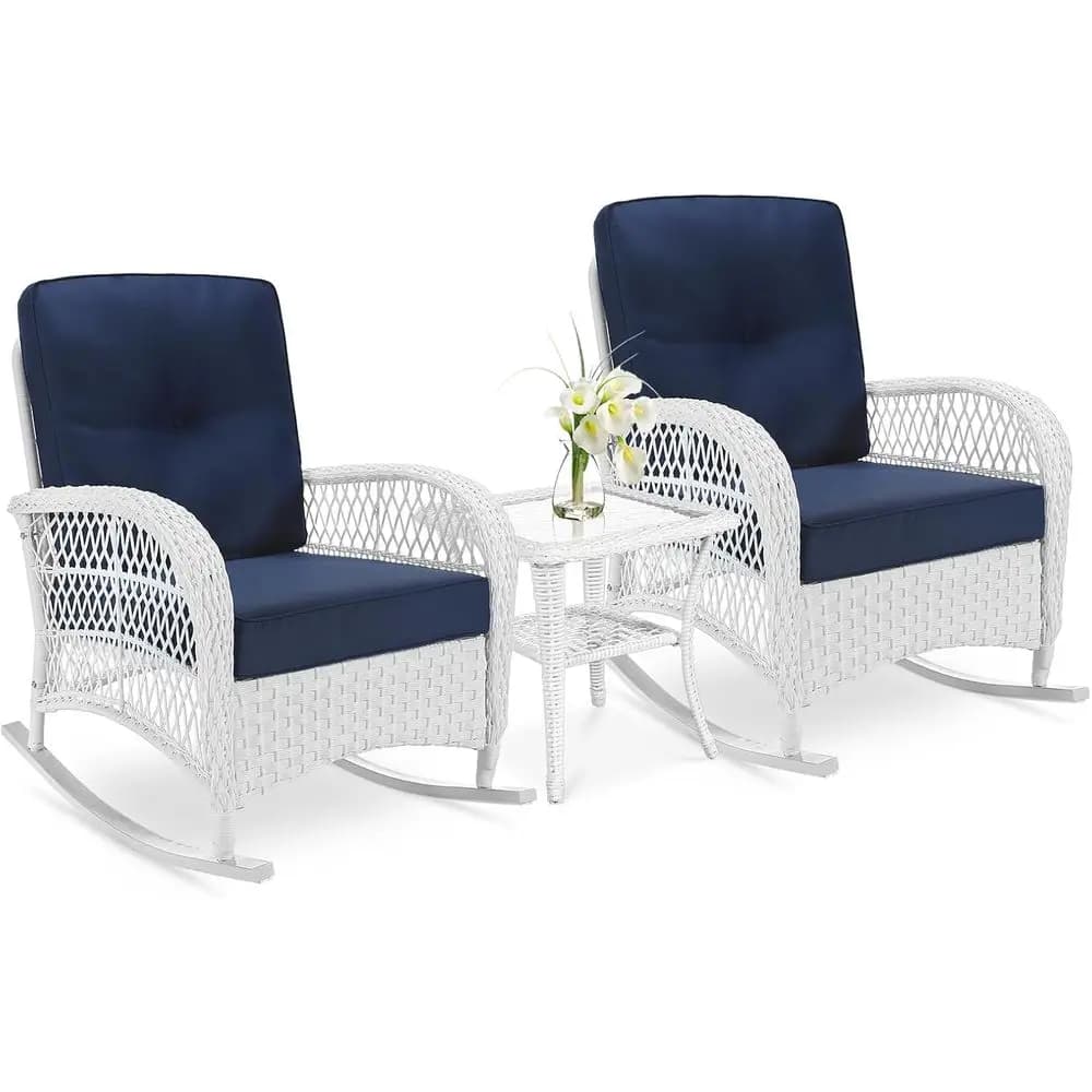 Outdoor 3-Piece Bistro Set with Wicker Rocking Chairs, Cushions, and Glass Top Table in White/Navy Blue for Patio, Garden, or Po