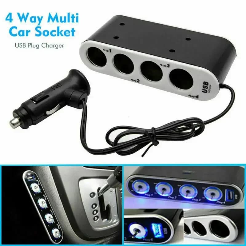 Caricatore universale per presa accendisigari per auto a 4 vie 12V/24V con interruttore indipendente per luce LED + porta USB