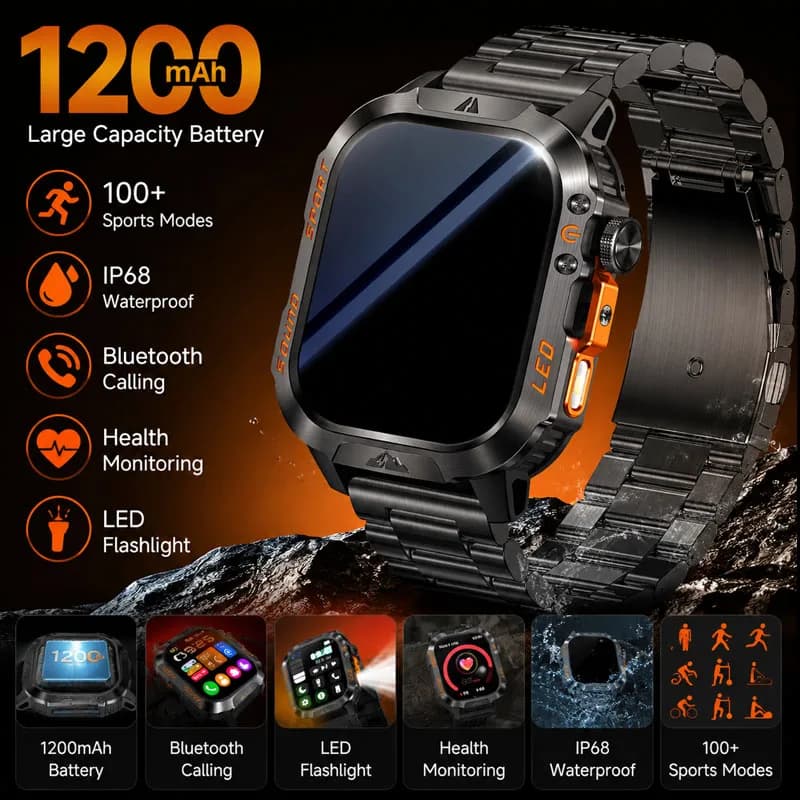 2026 New 1200mAh Large Battery Men Smart Watch Flashlight BT Call 2.01 Inch Large Screen Health Monitoring Smart Swatch Men