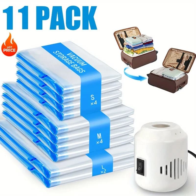 Set of 11 Vacuum Bags with Electric Pump, Compression Bags with Electric Pump, Electric Air Pump for Vacuum Bags