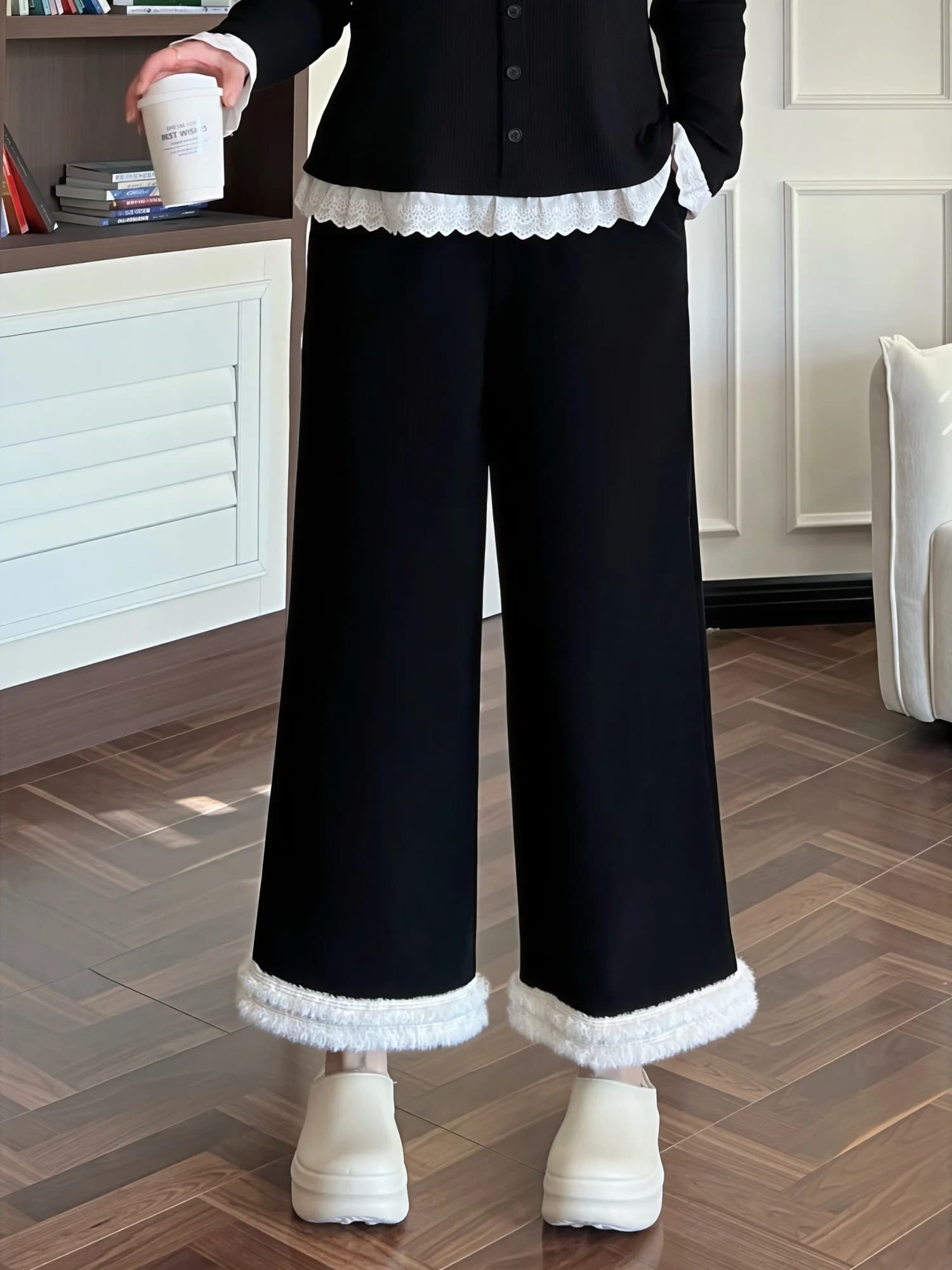 Pantaloni Invernali da Donna Taglie Forti in Pile a Gamba Larga, che Nascondono i Fianchi e la Parte Inferiore della Gamba, Pantaloni Casual Modellanti di Tendenza 4381F