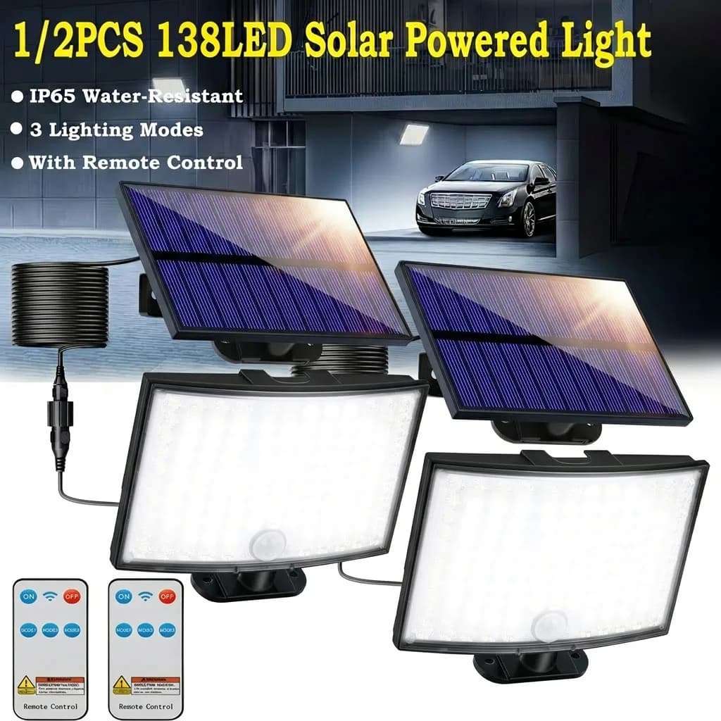 1/2 luci solari da esterno con 138 LED e sensore di movimento, illuminazione di sicurezza solare con pannelli separati, 3 modalità e telecomando, impermeabile IP65, 270° ° Luci solari da esterno ad ampio angolo, adatte per giardino, cortile, patio, garage, strada e altro ancora.