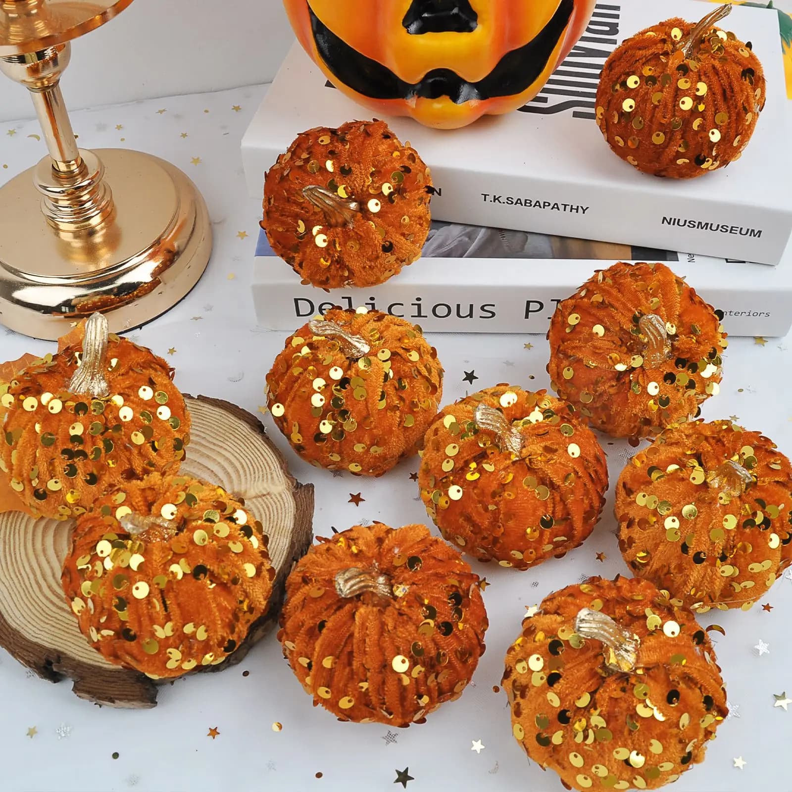 6 Pieces of Thanksgiving Halloween Artificial Pumpkin, Halloween Pumpkin Garlic Decoration, Mini Pumpkin With Sequins