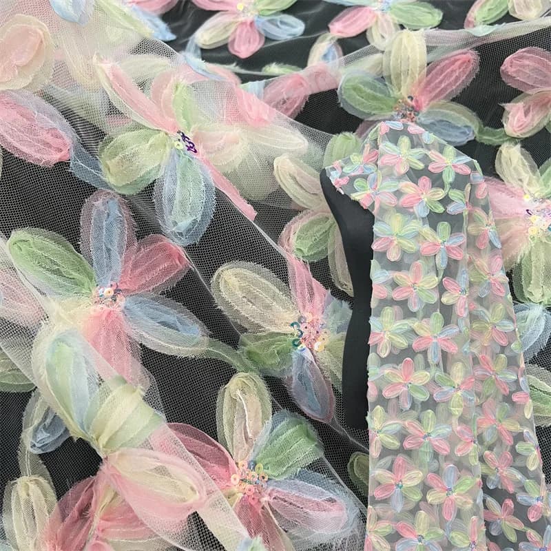 2 Yards 130cm Wide Hot-Selling 3D Cord Embroidered Floral Mesh Lace Handmade DIY Fabric for Curtains Kids' Dresses & Garments
