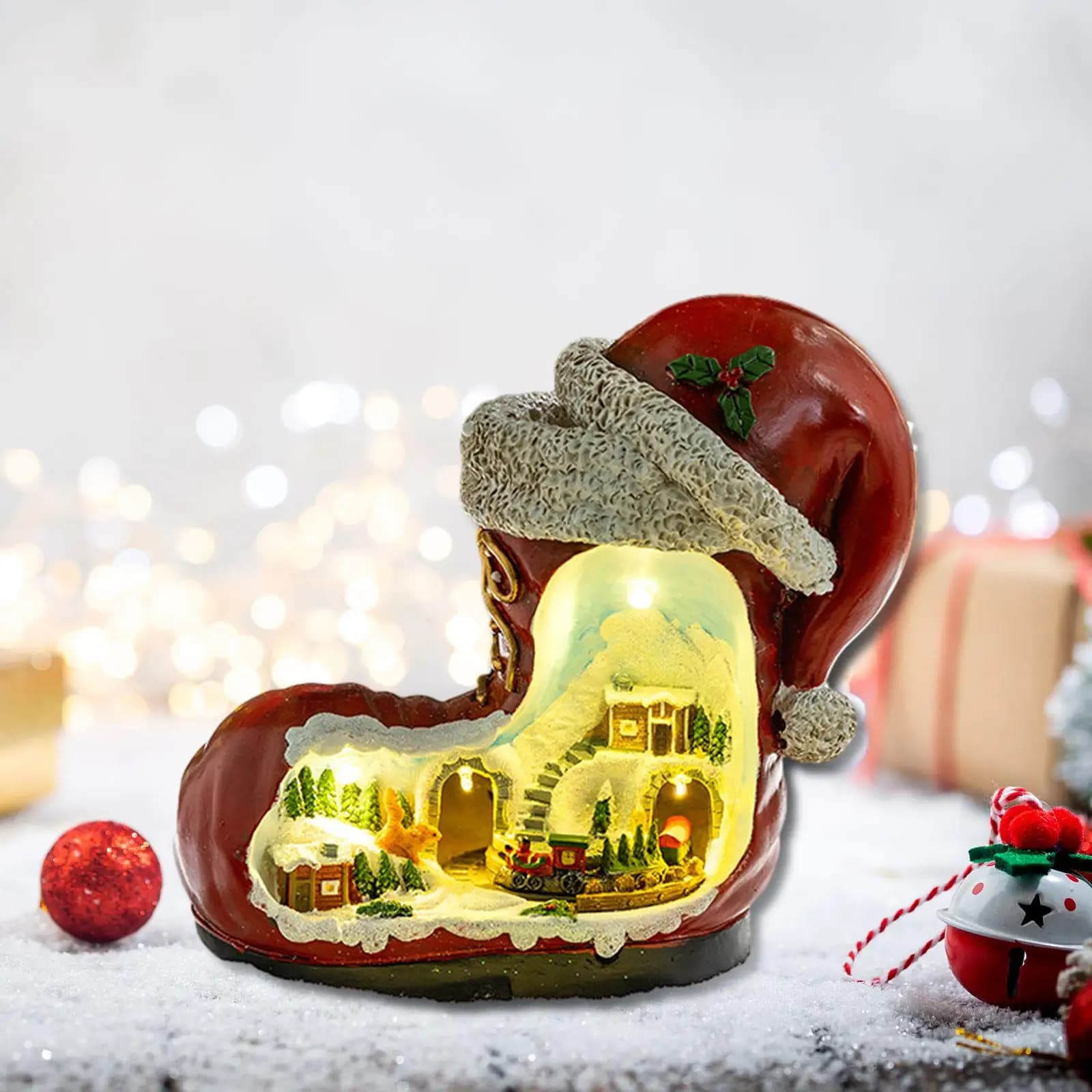 Christmas Musical Box Seasonal Desktop Collectible Unique Red Boot Figurine