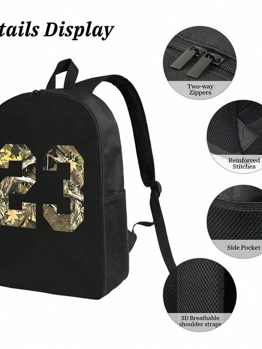 Zaino per laptop con stampa mimetica nera, resistente, da viaggio e scuola, con tasca laterale e spallacci traspiranti