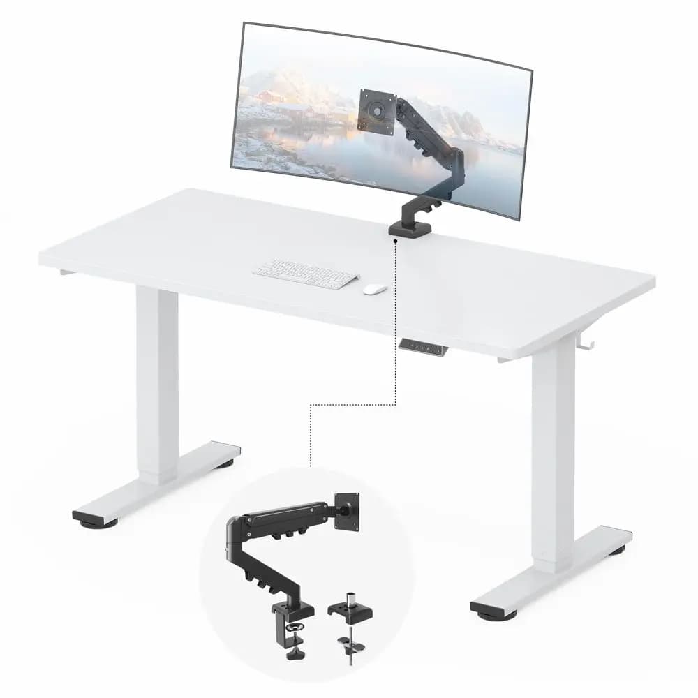 Scrivania Regolabile EN2 55x28 con Supporto Monitor, Piano di Lavoro Spesso in Un Unico Pezzo, Braccio Singolo Completamente Regolabile con Gestione Cavi
