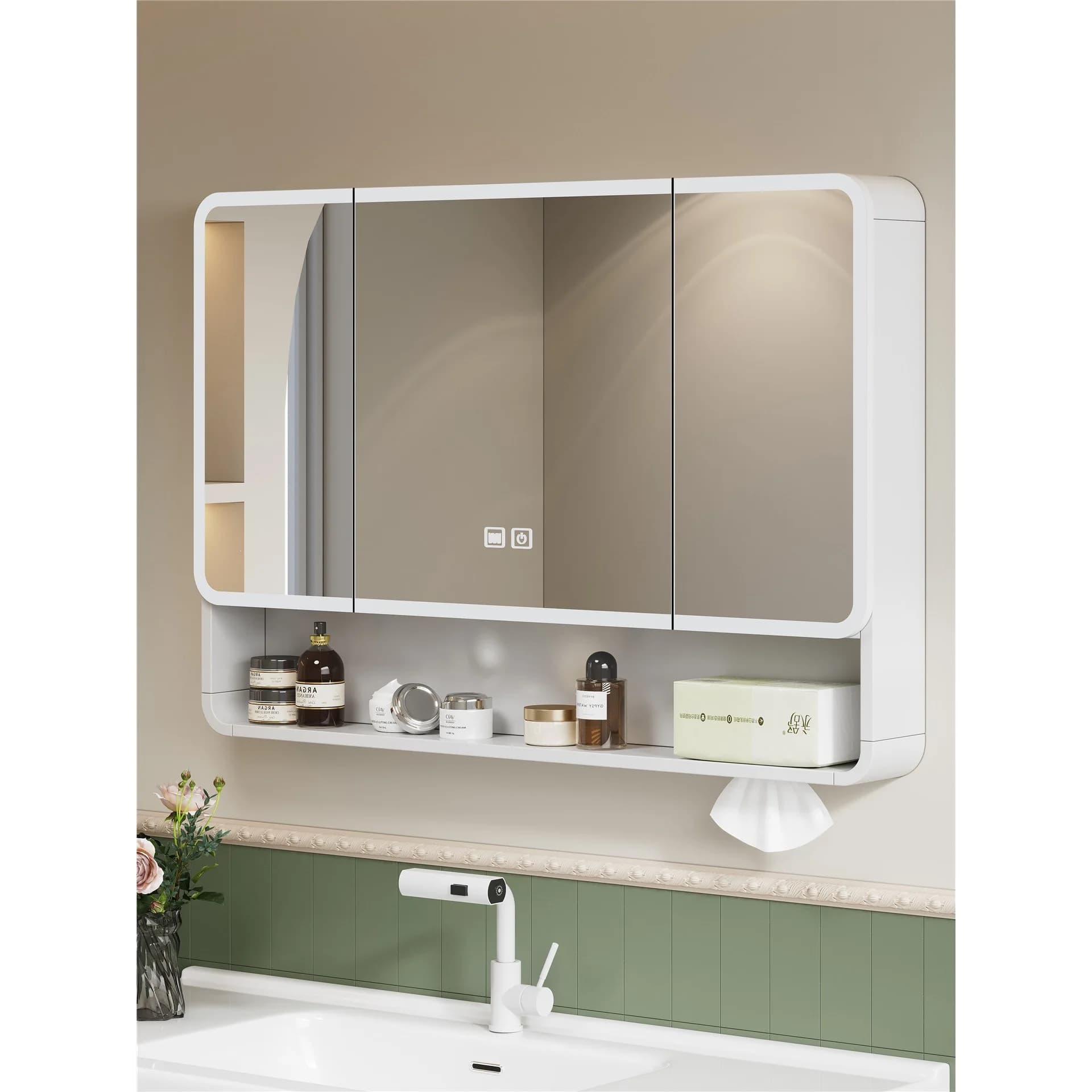 Thickened space aluminum bathroom mirror cabinet arc separate bathroom wall-mounted intelligent defogging with lamp storage