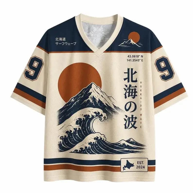 2026 Summer New Japanese Fun Beihai Waves 3D Printing Leisure Outdoor Sports Hip Hop Street Style V-neck T-shirt Large