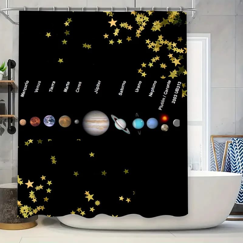 Decora il tuo bagno con la nostra splendida tenda da doccia a tema spazio con tutti i 8 pianeti e un bellissimo design della notte stellata