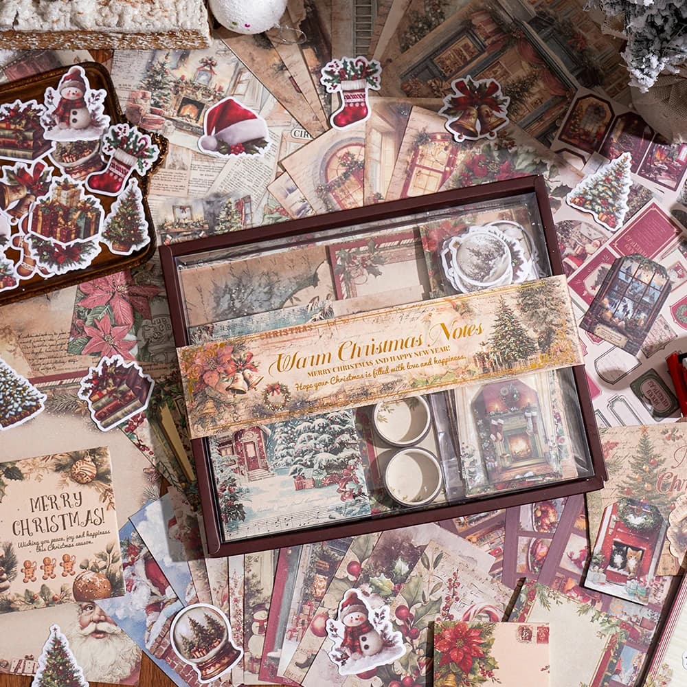 201Pcs Christmas Scrapbooking Kit Vintage Paper Stickers Tape With Festive Patterns For Bullet Journals A6 Notebooks DIY Crafts