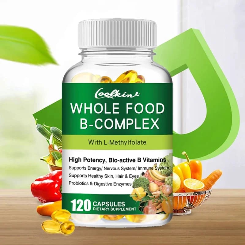 Complex capsules of vitamin B1, B2, B3, B5, B6, B7, B9, B12 Complete food supplement for stress, energy and non-GMO immune support