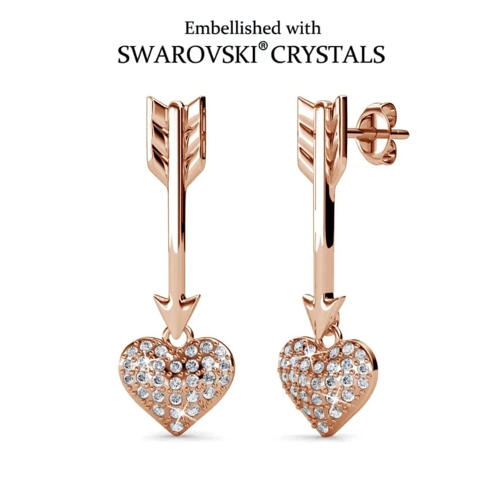 Daisini Arrow Heart Drop Earrings for Women, Embellished with Swarovski Crystals, 18K Rose Gold Plated, Romantic Jewelry Gift