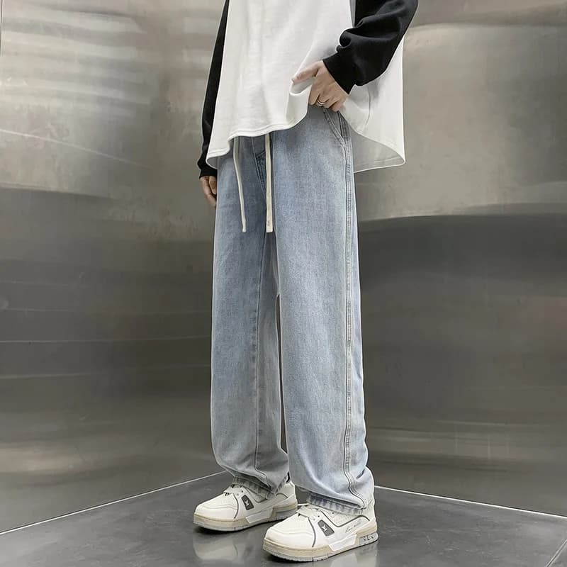 Men's Workwear Jeans Loose Straight Leg Wide Leg Spring Autumn Vintage Trousers Casual Loose Fit Drawstring Closure Elastic W...