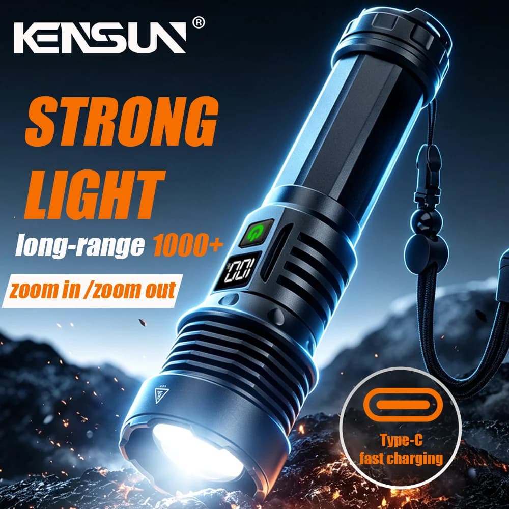 Super Bright White Light LED Flashlight Type-C Charging Telescopic Zoom Waterproof Torch Outdoor Hiking Patrol Camping Lantern