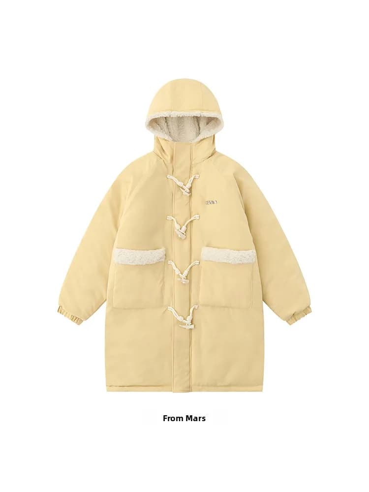 Lucky in Hand Harajuku Style Lamb Fur Cotton Jacket Loose Long Thickened Hooded Cotton Coat Button up Warmth Daily Wear