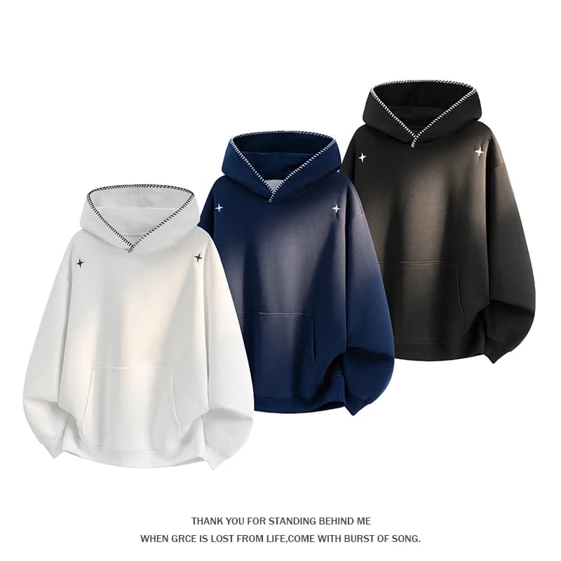 Men Star Embroidery Contrast Stitch Hoodie Kangaroo Pocket Loose Casual Streetwear Pullover Tops