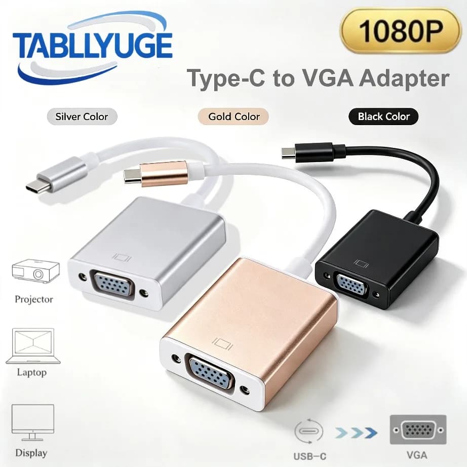 TABLLYUGE USB C to VGA Adatper Type-C Male to VGA Female Converter Cable HD1080P for Laptop PC Projector MacBook Monitor