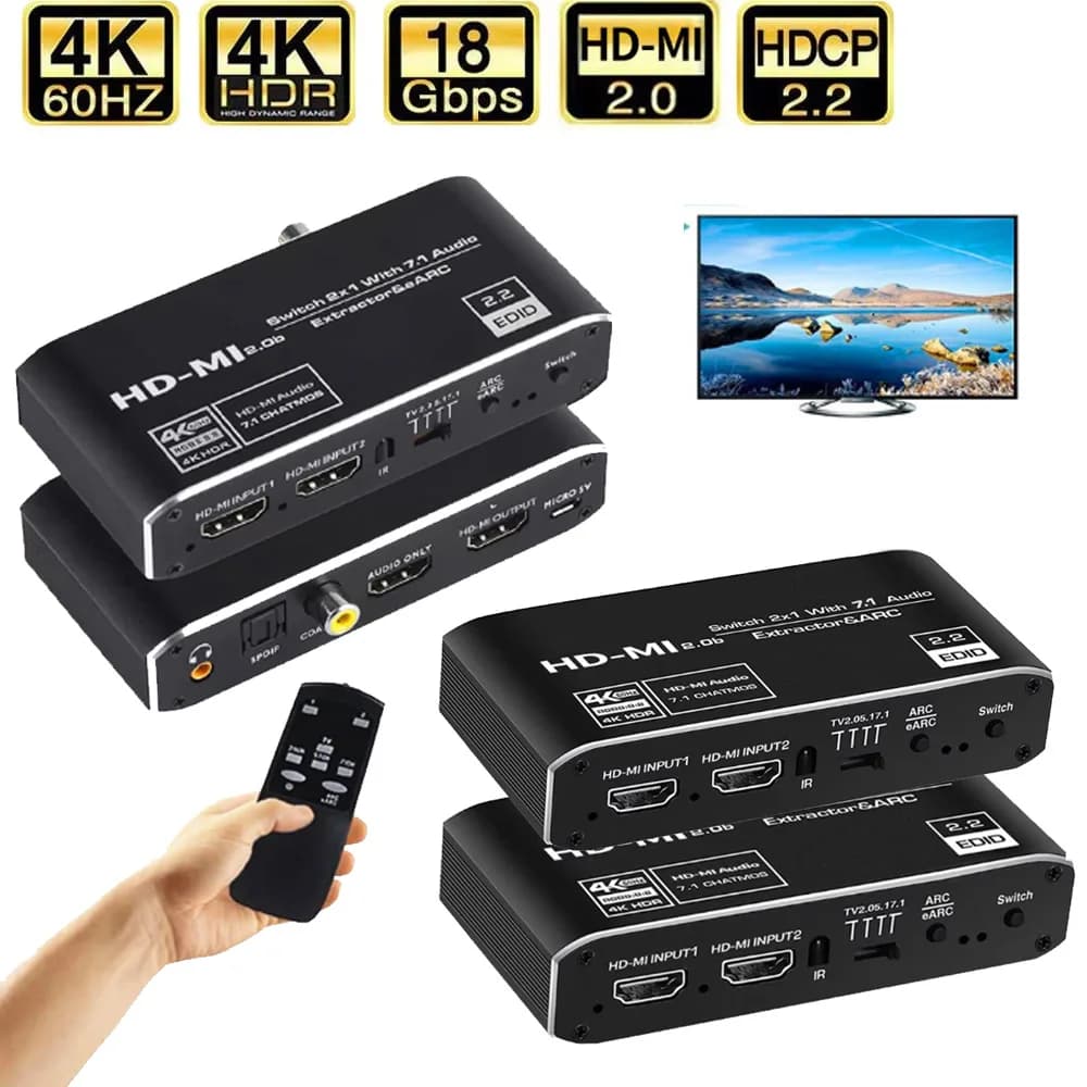 Switch compatibile HDMI 2x1 Estrattore audio eARC Estrattore audio ARC ottico Toslink Switcher compatibile HDMI 2.0 4K 60Hz