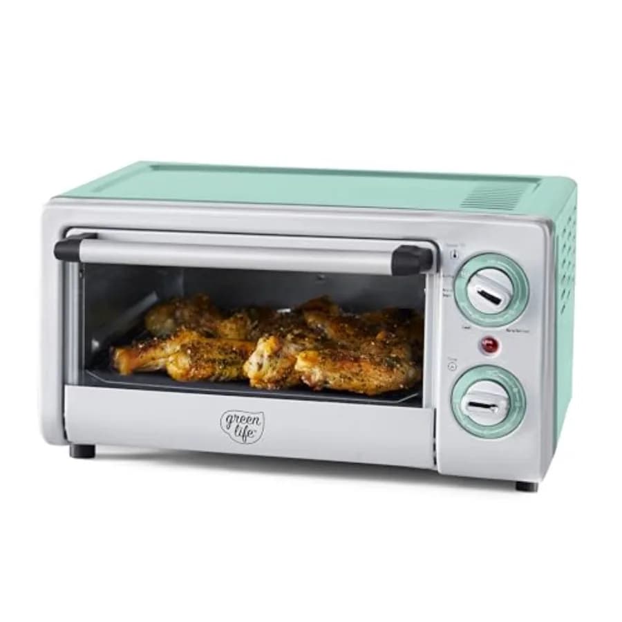 Forno Tostapane da Appoggio con Funzione Friggitrice ad Aria in Acciaio Inossidabile, Antiaderente in Ceramica Salutare, Senza PFAS, con Vassoio e Cestello, Funzioni: Cuocere, Grigliare, Riscaldare