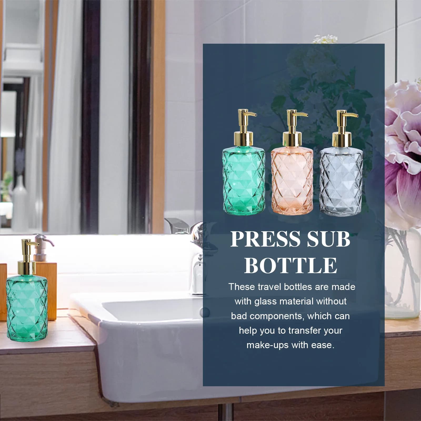 3Pcs Leak Proof Glass Press Dispenser Bottles Portable Travel Set for Shampoo Body Lotion Face Toner Hand Soap Sun Cream