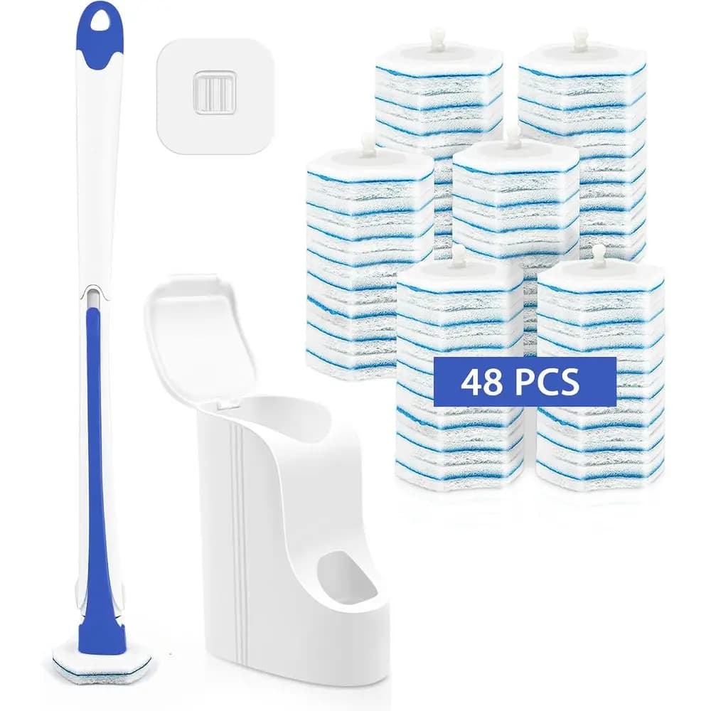 Disposable Toilet Brush with 48 Wand Cleaner Refills, Wall Mounted Toilet Bowl Brush Holder Set, Bathroom Cleaning System or Sin