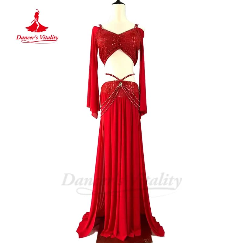 Completo da allenamento per danza del ventre per top a maniche lunghe con paillettes personalizzato da donna + gonna lunga divisa sexy 2 pezzi Set da allenamento per danza orientale