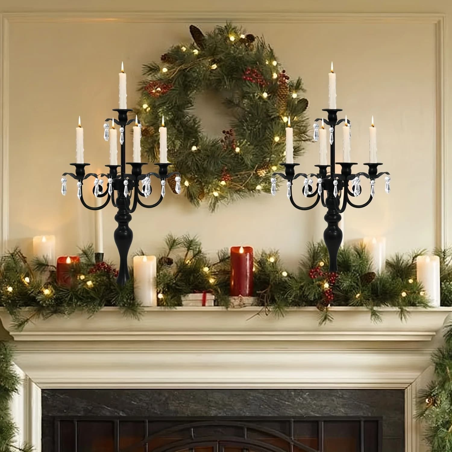 Set di 2 candelabri per centrotavola, alti 20 pollici, progettati per contenere candele a forma di cono, con un design a 5 bracci in cristallo, perfetti per decorazioni nuziali ed eventi.