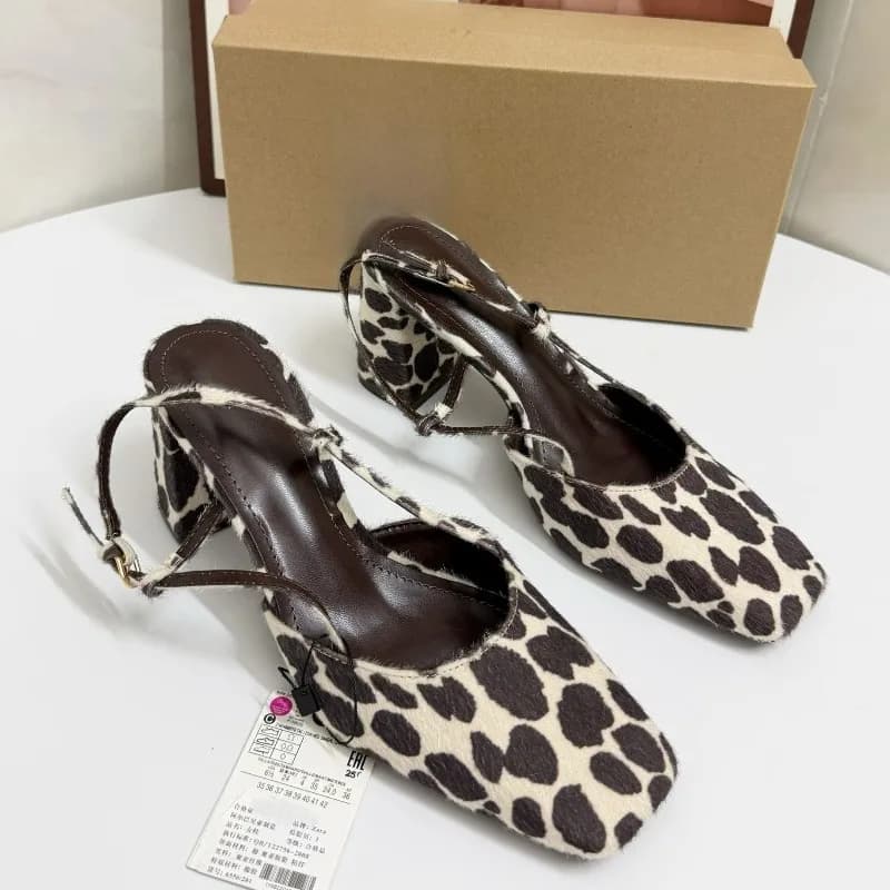 Women Vintage Leopard Print Slingback Heels Women Sandals Square Toe Buckle Strap Backless Block Mid Heel Gladiator Daily Pumps
