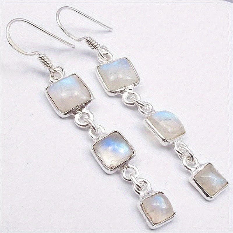 Bohemian Style Square Synthetic Moonstone Long Dangle Earrings Women's Elegant Exquisite Design Wedding Banquet Jewelry Pendant