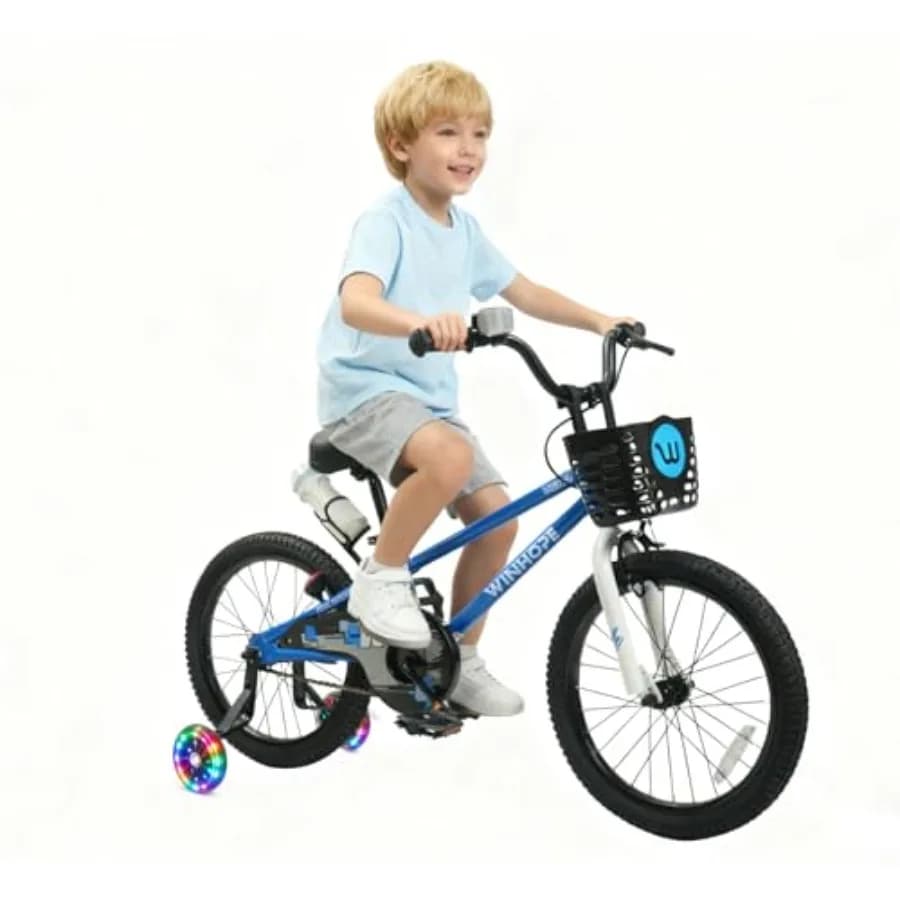 Bicicletta per Bambini 12 14 16 18 Pollici con Ruote Stabilizzatrici Luminose e Doppi Freni, Bici per Principianti con Sedile Regolabile