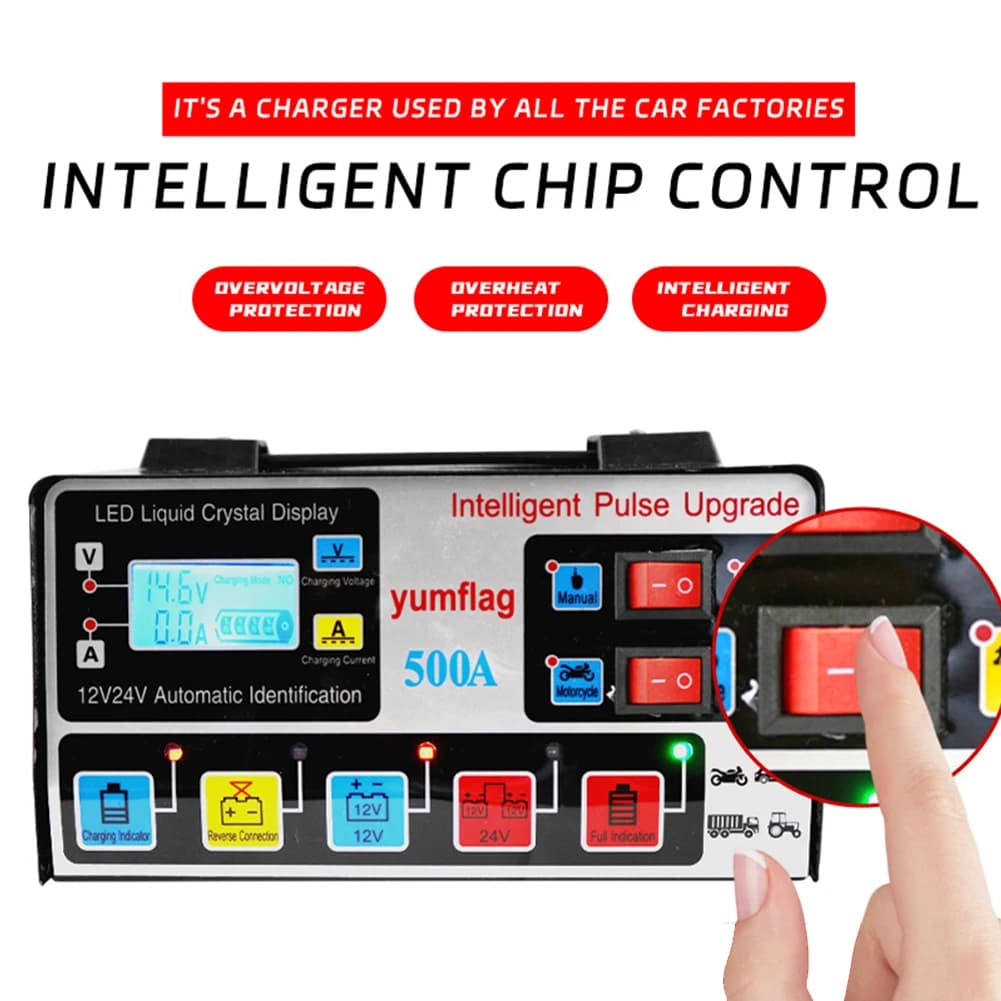 Caricabatteria professionale per auto 220W 12V 24V Avviatore di emergenza per batteria al piombo con spina europea e cavo di alimentazione da 120 cm