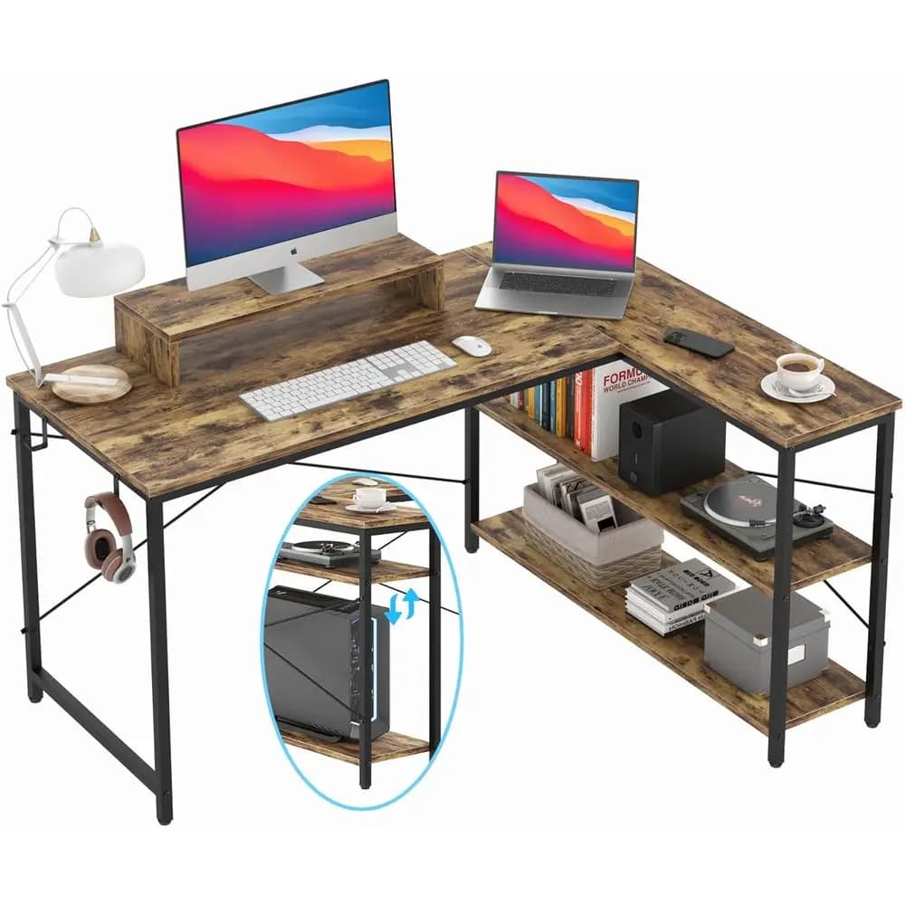 47 L-Shaped Computer Desk with Storage, Heavy Duty for Home Office, Monitor Stand, Ideal for Small Spaces, Easy Assembly, Rustic