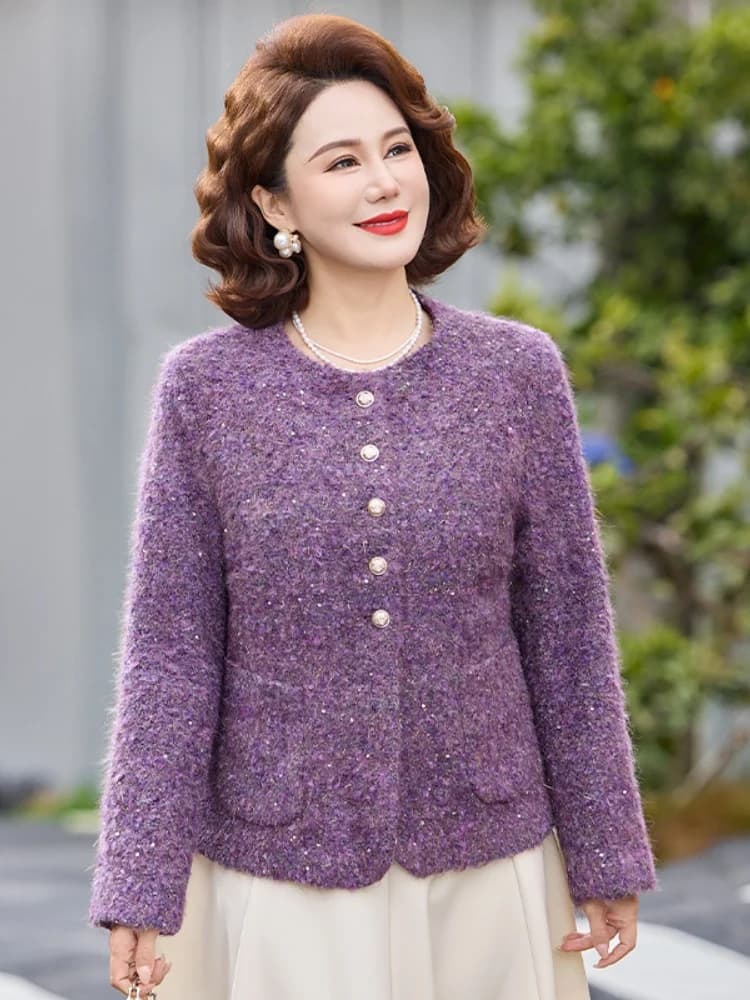 Spring Fashion Mommy Style Long Sleeve round Neck Jacket Small Fragrance Wind Middle-aged And Elderly Women's Spring Autumn M...