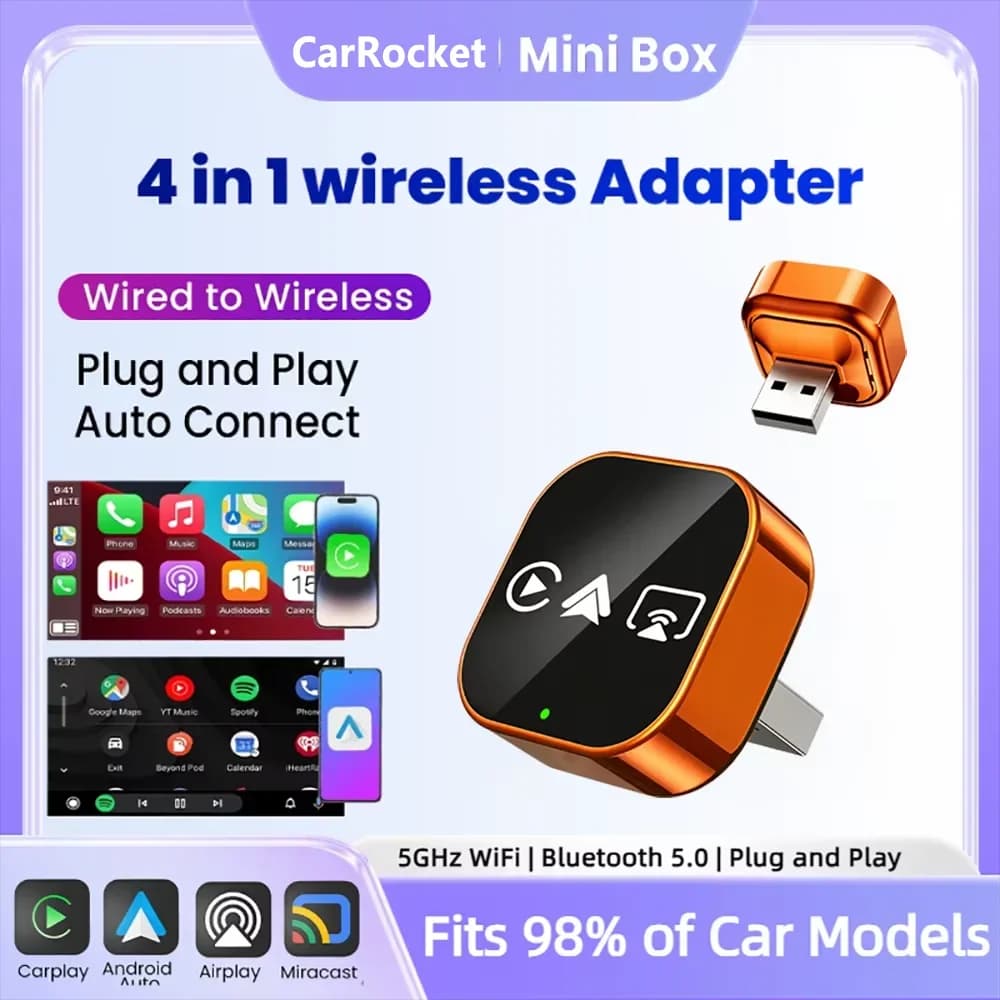 CarRocket 4in1 Carplay Adapter Wired To Wireless Android Auto Mirror Link Smart MiNi Ai Box USB Plug and Play Bluetooth WiFi