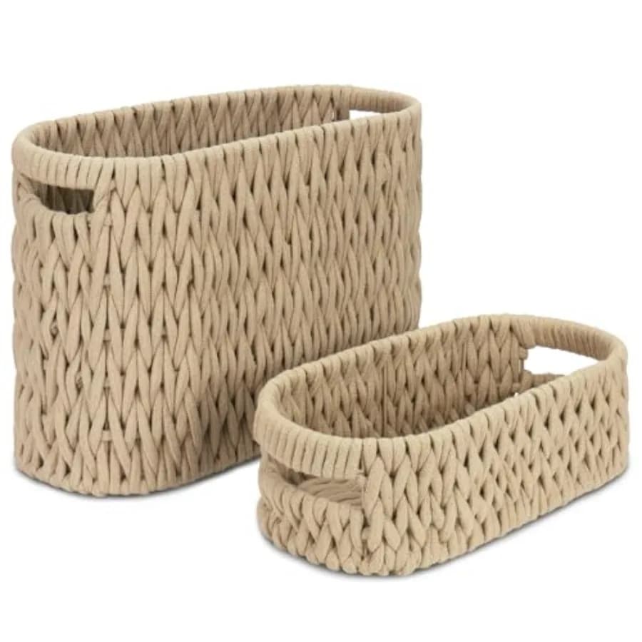 Boho Toilet Paper Storage Baskets, Cotton Rope Woven Bathroom Basket Set of 2, Standing Toilet Paper Holder for 6 Mega Rolls, S