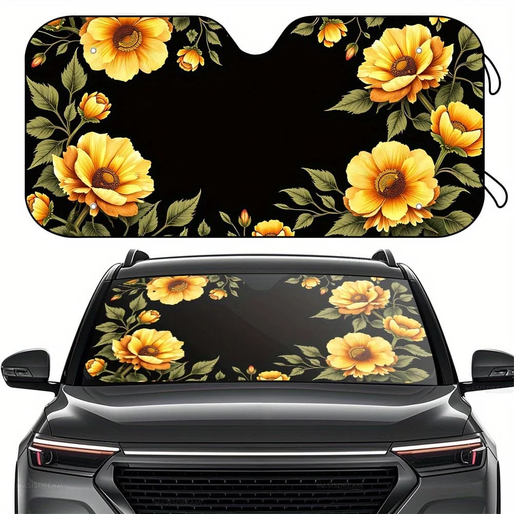 1 parasole per camper OASISDREAM 57" X 27,5" con design floreale giallo - Protezione per visiera parasole per parabrezza con blocco UV, include 4 gratis