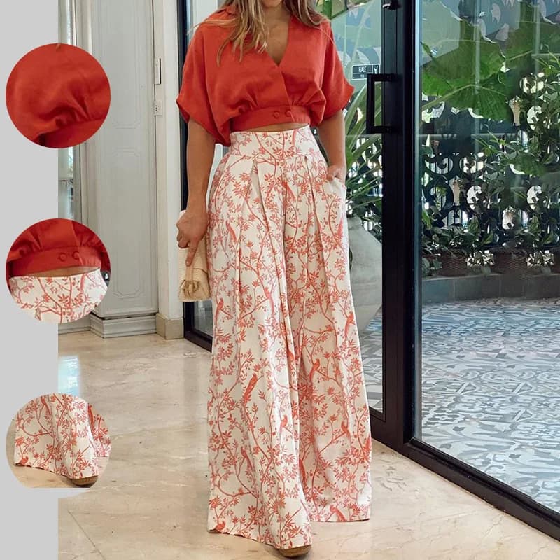Spring Women V Neck Printed Wide Leg Pants Set European American Blouse Top Fashion Set