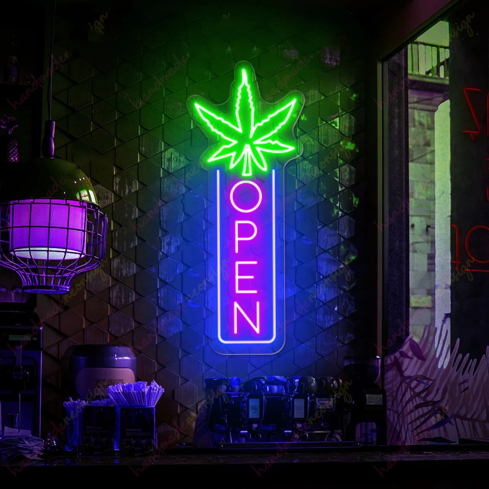 Insegna al neon aperta verticale per interni, insegna al neon aperta verticale, arte della parete delle erbacce, decorazione per insegne Marijuana