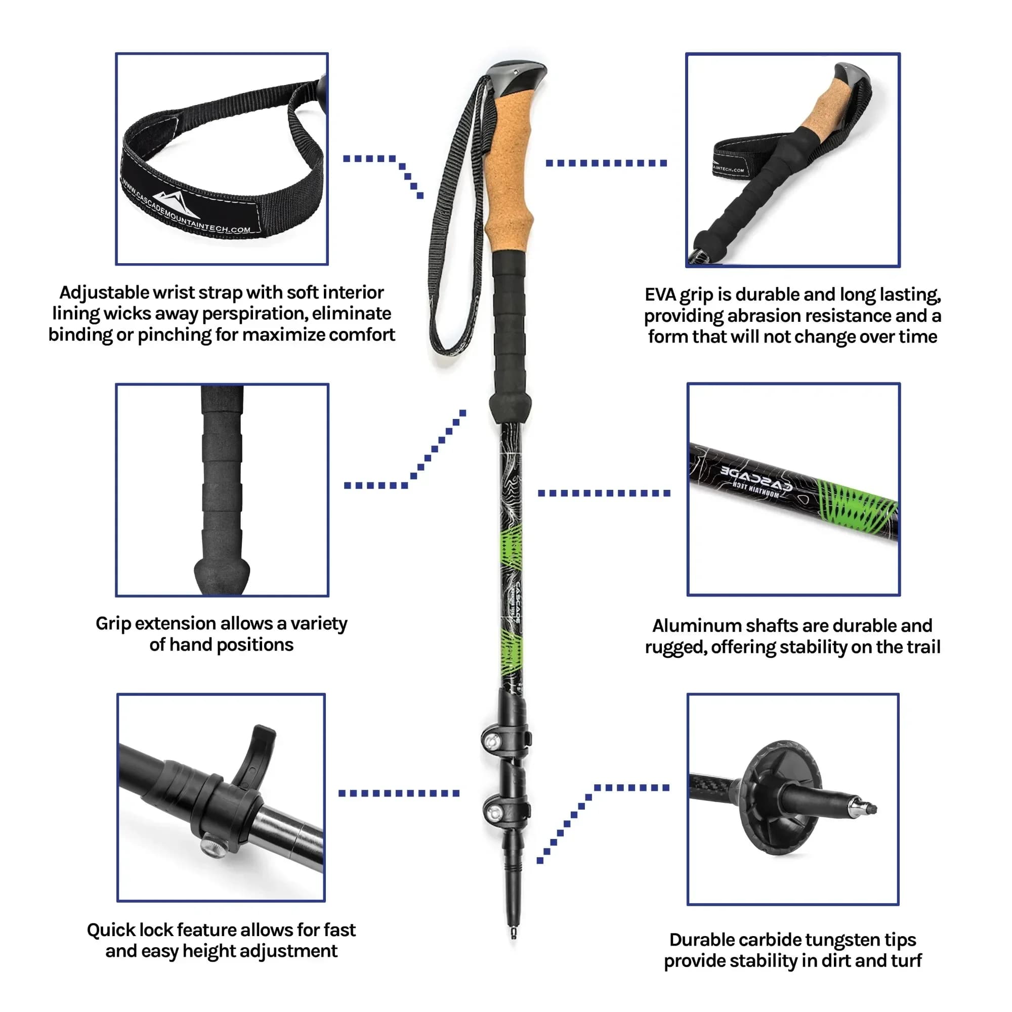 Quick Lock Trekking Sticks in Air Grade Aluminum with Cork Handle - Green