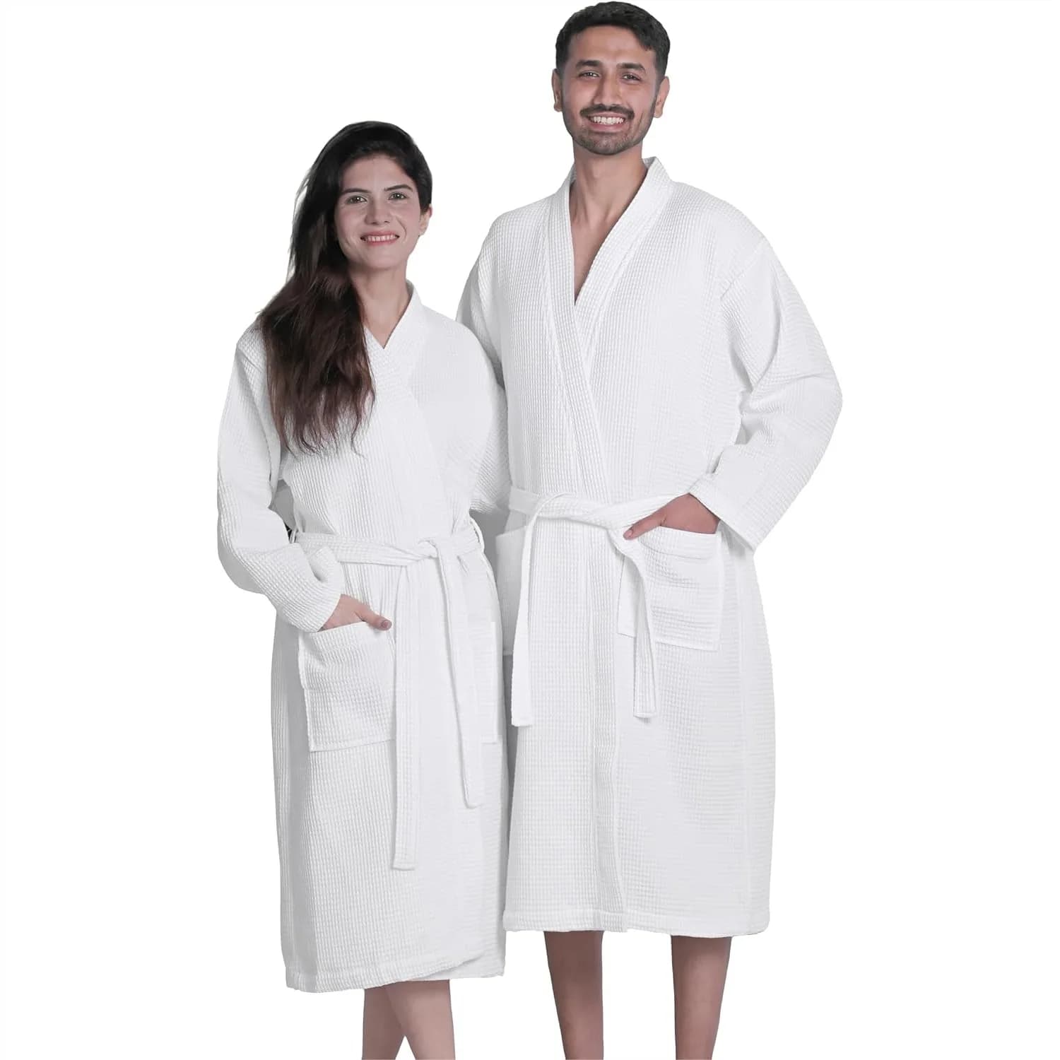 Waffle Bathrobe for Women Men Lightweight Shower Robe with Pockets Soft Cotton Poly Blend